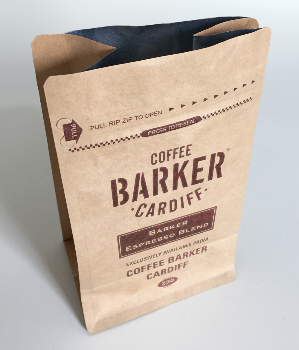 Barker Espresso Blend coffee packaging, for Vintage Tea & Coffee Co.