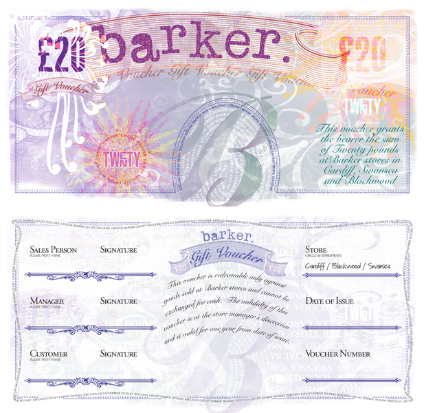 Gift voucher artwork for Barker Clothing