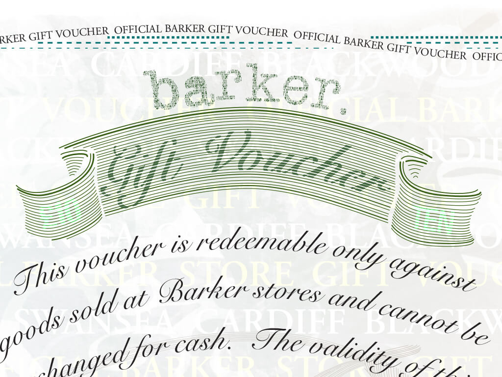 Gift voucher Barker clothing store promotion, for Robert Barker